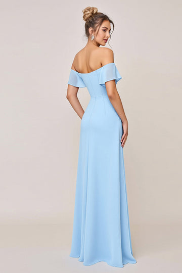 Sky Blue Sheath Ruffle Off the Shoulder Long Bridesmaid Dress with Slit